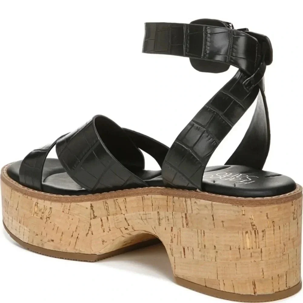 New Franco Sarto Sabello Platform Sandal cork Croc Embossed black animal print
